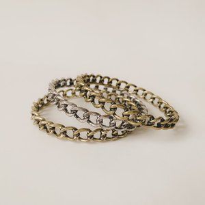 Antiqued Brass Silver Metal Curb Chain Stacking Bangles Set of Three Bracelets